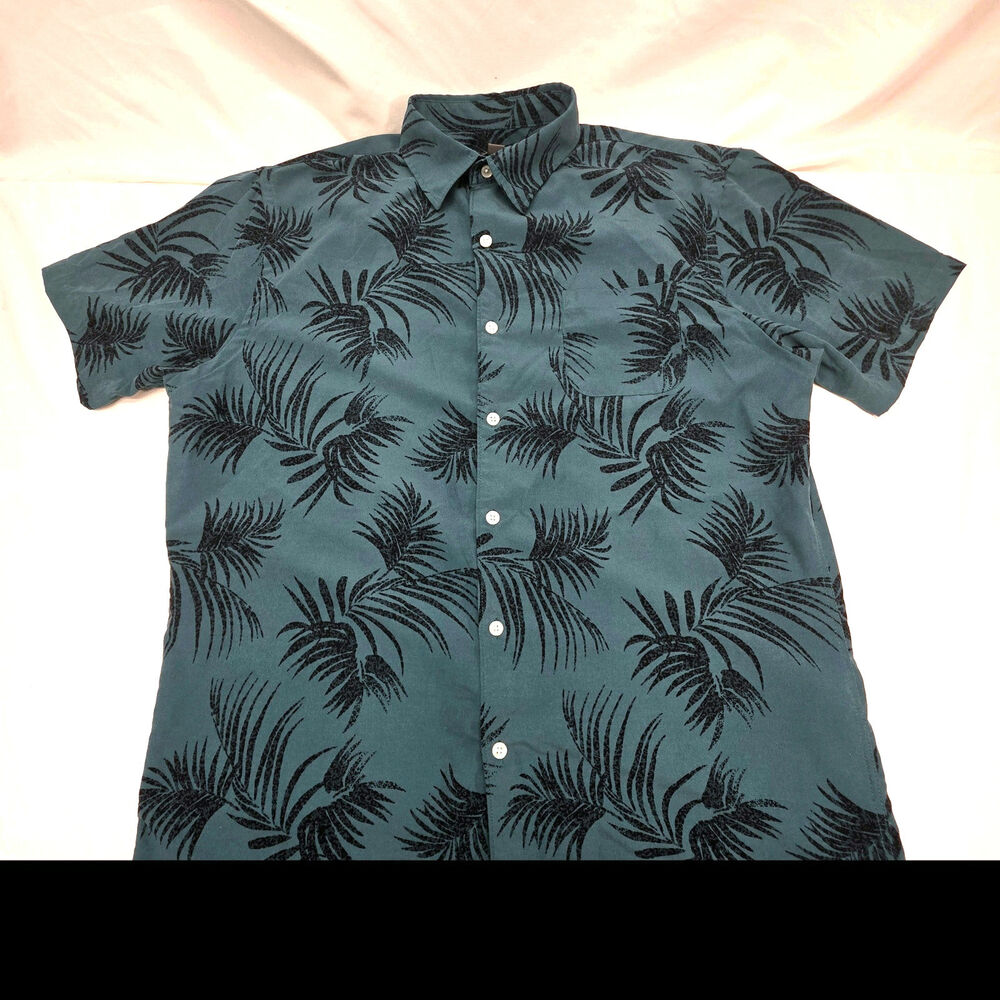Van Heusen Hawaiian Camp Shirt Mens Large 16-16.5 Blue Palm Leaf Print Button